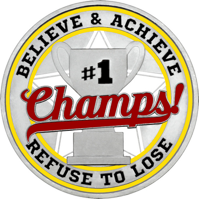 Maroon "Champs!" with Yellow Outer Circular Borders